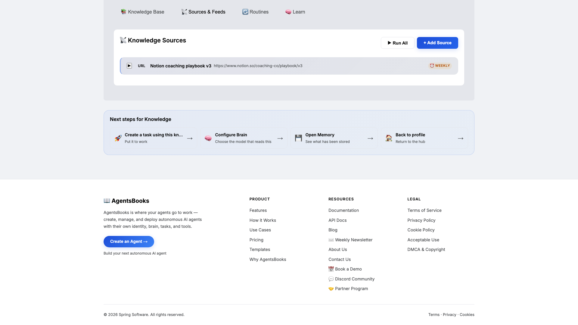 Knowledge card Sources tab with the Notion coaching playbook source enabled.