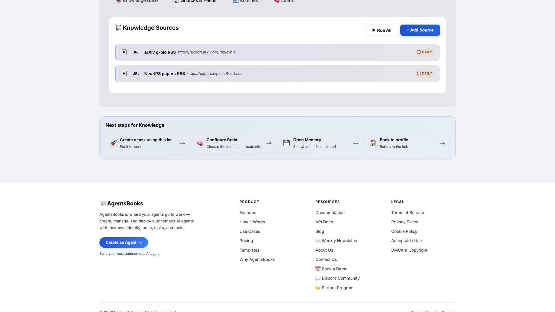 Knowledge card with research interests, taxonomy, review checklist, arXiv RSS, and NeurIPS RSS attached.